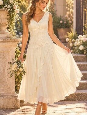 Vtg 80s Jessica McClintock Bridal Lace Chiffon Sleeveless Aged Ivory Dress. 3/4